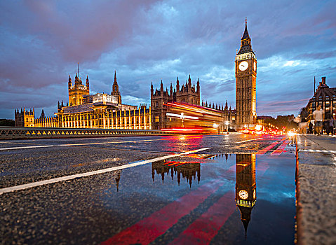 亮光,痕迹,巴士,威斯敏斯特桥,威斯敏斯特宫,议会大厦,反射,大本钟,威斯敏斯特,伦敦,英格兰,英国,欧洲