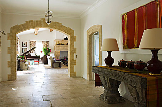 前厅,老式,希腊,石头,桌子,拱道,风景,客厅
