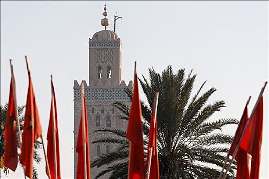 尖塔,库图比亚清真寺,清真寺,棕榈树,红色,旗帜,玛拉喀什,摩洛哥,非洲