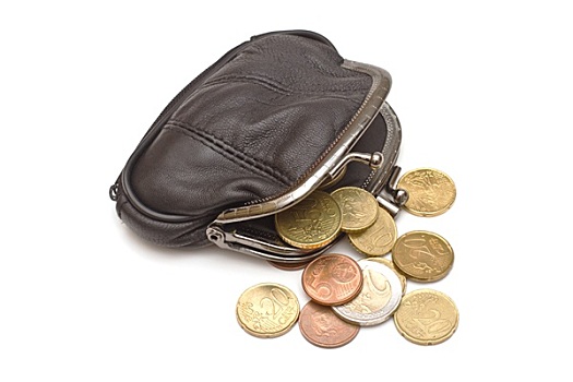 黑色,皮革,钱包,几个,欧元硬币,白色背景,背景