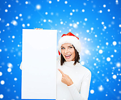寒假,圣诞节,广告,人,概念,微笑,少妇,圣诞老人,帽子,白色,留白,广告牌,上方,蓝色,雪,背景