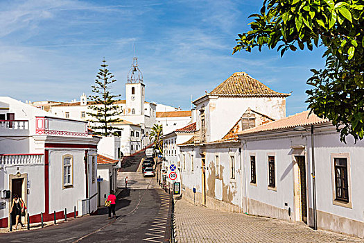 街道,刷白,建筑,正面,钟楼,阿尔布斐拉,阿尔加维,葡萄牙