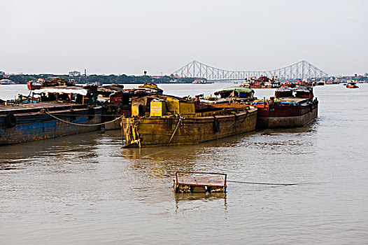 船,河,桥,背景,加尔各答,西孟加拉,印度