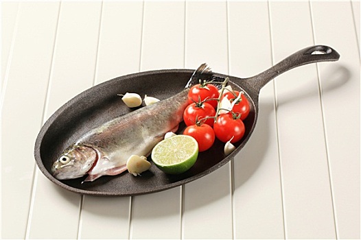 新鲜,鲑鱼,铸铁,长柄锅