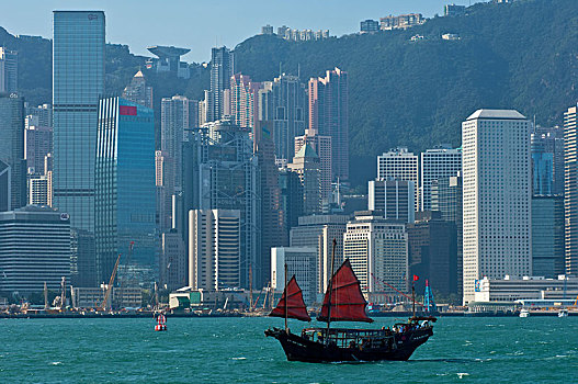 传统,中国帆船,航行,摩天大楼,香港,市中心,香港岛,中国,亚洲