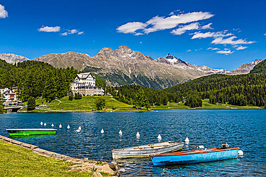 划艇,停泊,海岸线,湖,圣莫里茨,酒店,背景,晴天,瑞士