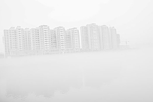 建筑群,高楼,河,雾,海市蜃楼,倒影