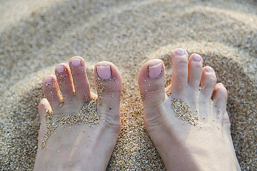 特写,脚趾,沙子