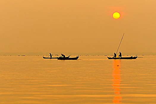 渔民,捕鱼,湖,日出,喀拉拉,南印度,印度,亚洲