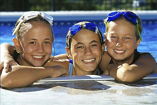 肖像,三个,女青年,一起,游泳池