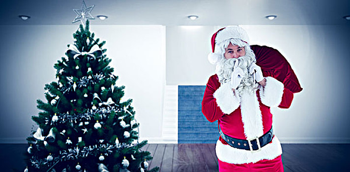 合成效果,图像,圣诞老人,拿着,袋,秘密,家,圣诞树