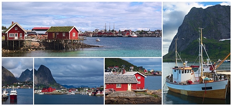 抽象拼贴画,沿岸城镇,瑞恩,罗弗敦群岛,挪威