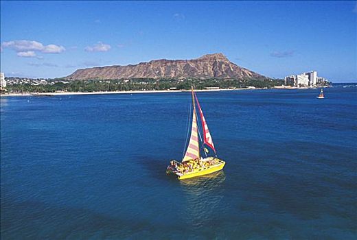 夏威夷,瓦胡岛,怀基基海滩,双体船,航行,过去,钻石海岬