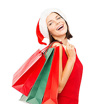 销售,礼物,圣诞节,圣诞,概念,微笑,女人,红裙,圣诞老人,帽子,购物袋