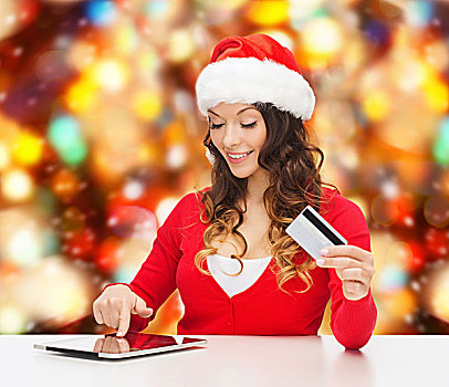 圣诞节,休假,科技,购物,概念,微笑,女人,圣诞老人,帽子,信用卡,平板电脑,电脑,上方,红灯,背景