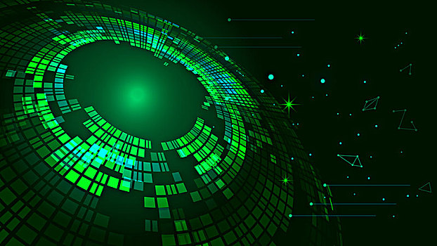 绿色方块构图发光的旋转抽象科技背景