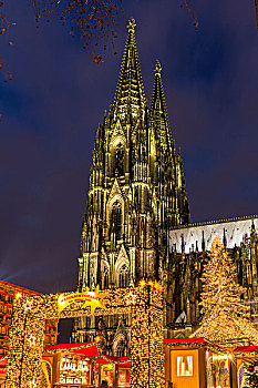 圣诞市场,广场,科隆大教堂,背景,光亮,夜晚,科隆,德国