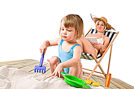 海滩,母子,玩,玩具,沙子,女人,读,书本