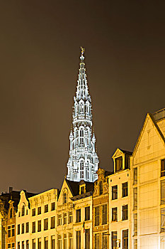 市政厅,德威饭店,大广场,夜晚,布鲁塞尔,比利时
