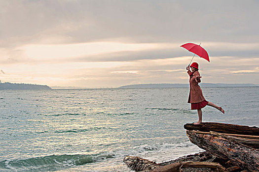 女人,伞,沿岸,悬崖