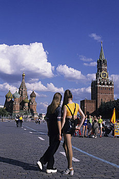 俄罗斯,莫斯科,红场,圣巴西尔大教堂,塔,女孩,姿势,超短裙