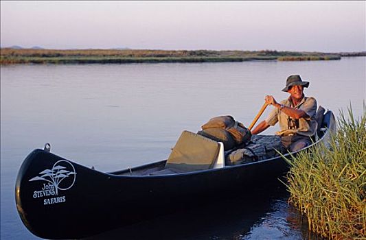 划船,独木舟,赞比西河,日落,津巴布韦