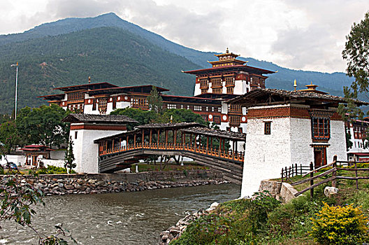 山间高原,木桥,上方,河,宗派寺院,寺院,不丹,南亚