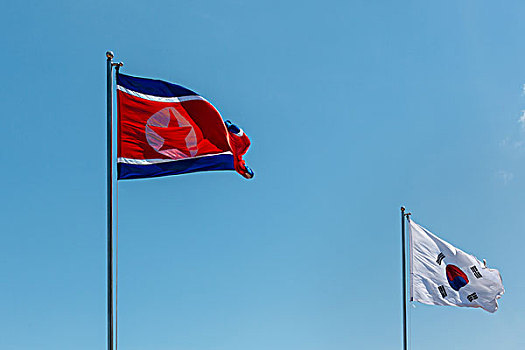 北方,南,朝鲜国旗,朝鲜,韩国,旗帜,摆动,风,蓝天,亚洲