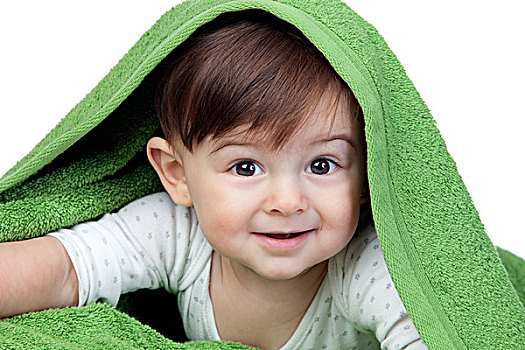 高兴,婴儿,遮盖,绿色,毛巾