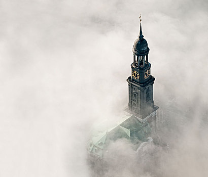 航拍,塔,教堂,雾,汉堡市,德国,欧洲