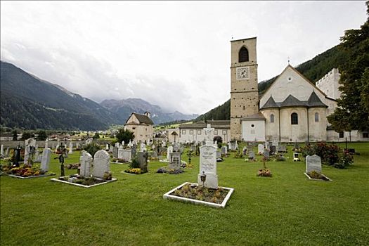 墓地,寺院,本笃会修道院,世界遗产,恩加丁,瑞士,欧洲
