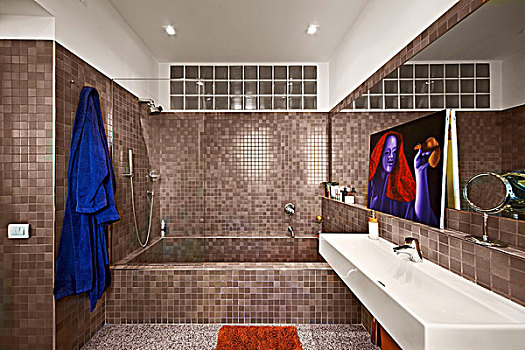 现代,设计师,浴室,连续,图案,贴砖,窗户,玻璃,砖