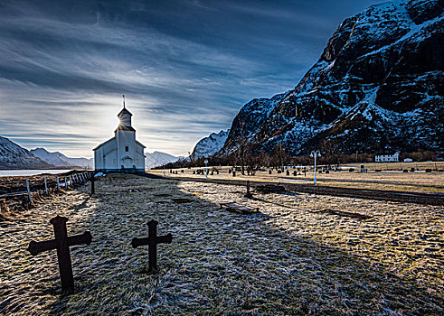 墓地,墓穴,教堂,罗弗敦群岛,挪威,欧洲
