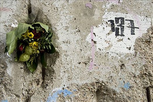花,柏林墙,路,局部,纪念,柏林,德国,欧洲