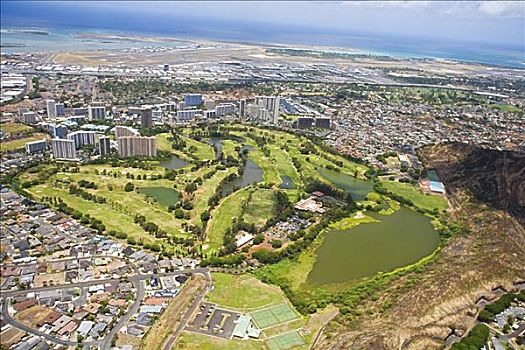 夏威夷,瓦胡岛,珍珠,城市,俯视,高尔夫球场,海洋,背景