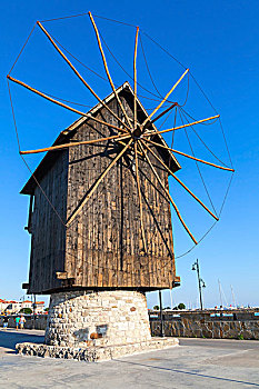 古老,木质,风车,海岸,流行,地标,老,内塞巴尔,城镇,保加利亚