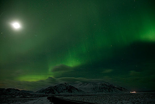 北极光,上方,积雪,风景,夜晚,冰岛