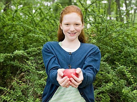 一个,女孩,肖像,拿着,苹果