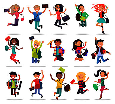 跳跃,微笑,人,包,书本,抬手,收藏,学生,满,喜悦,愉悦,检查,白色背景,矢量,插画,自由,高兴