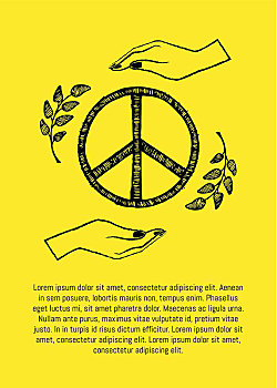 国际,平和,白天,矢量,插画,海报,两只,手,防护,手势,自由,隔绝,黄色,橄榄枝,文字