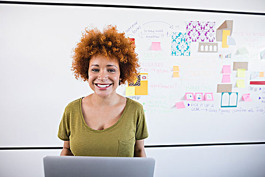 头像,微笑,职业女性,笔记本电脑,站立,白色书写板