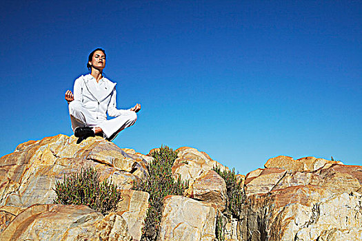 女人,练习,瑜珈,岩石上,湾,西海角,南非