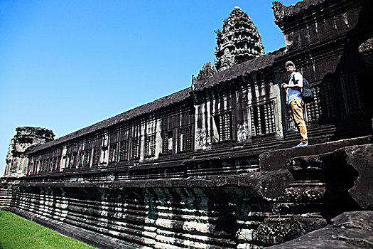 游客,站立,庙宇,吴哥窟,柬埔寨