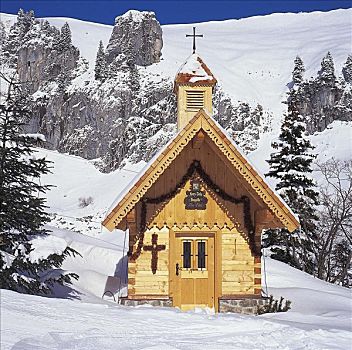木质,小教堂,雪,冬天,巴伐利亚,德国,欧洲