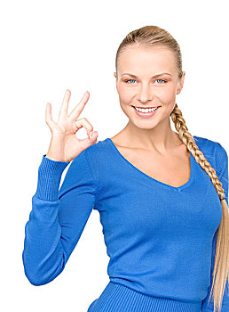鲜明,可爱,女人,展示,ok,手势