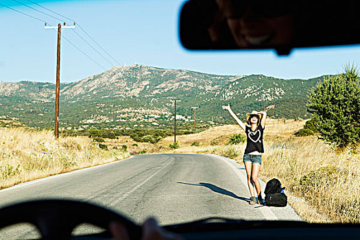 女人,钩,远足,乡村道路