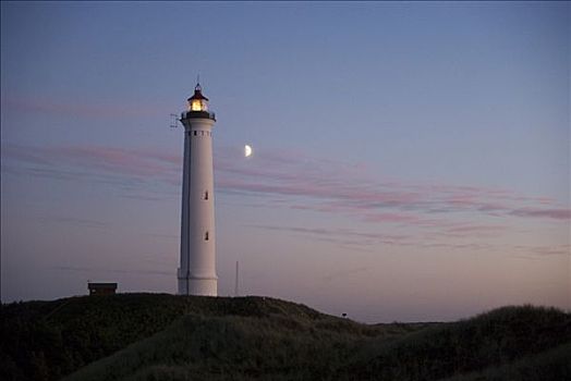 灯塔,正面,月亮,日德兰半岛,丹麦,欧洲